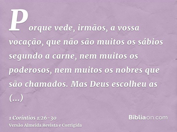 Porque vede, irmãos, a vossa vocação, que não são muitos os sábios segundo a carne, nem muitos os poderosos, nem muitos os nobres que são chamados.Mas Deus esco