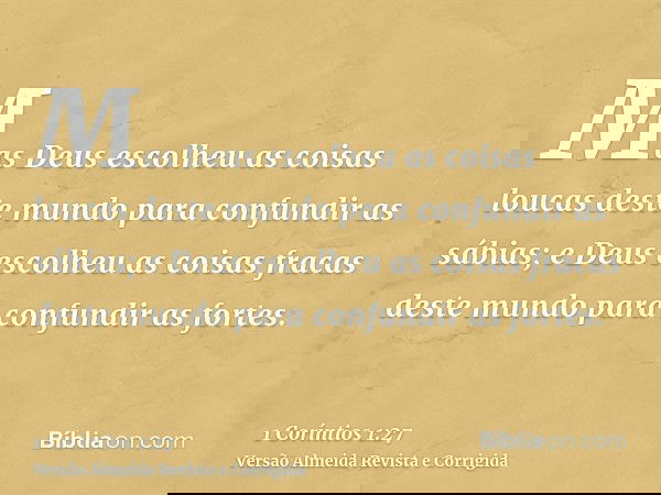 Mas Deus escolheu as coisas loucas deste mundo para confundir as sábias; e Deus escolheu as coisas fracas deste mundo para confundir as fortes.