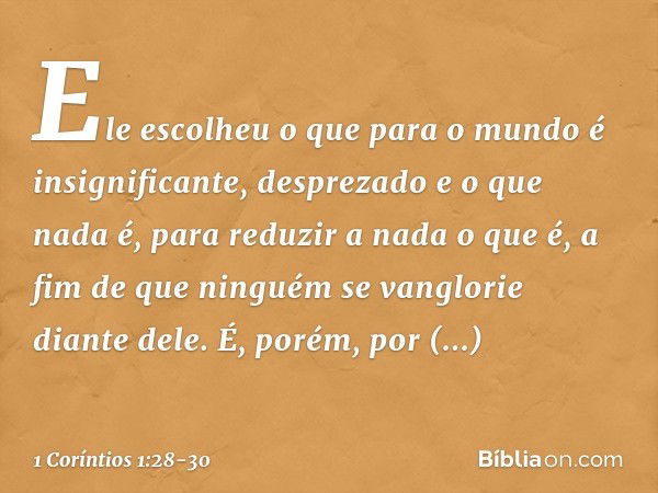 Ele escolheu o que para o mundo é insignificante, desprezado e o que nada é, para reduzir a nada o que é, a fim de que ninguém se vanglorie diante dele. É, poré