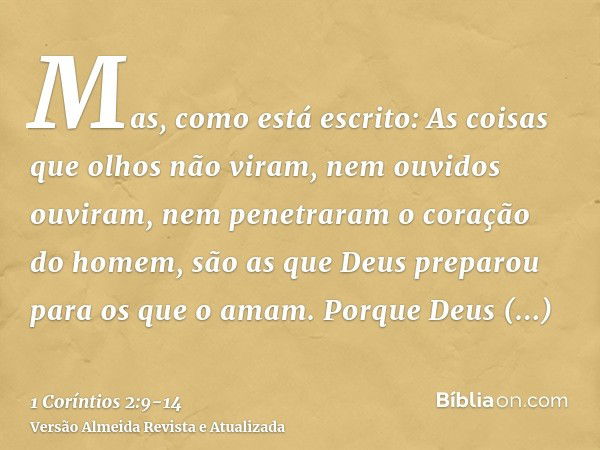 Mas, como está escrito: As coisas que olhos não viram, nem ouvidos ouviram, nem penetraram o coração do homem, são as que Deus preparou para os que o amam.Porqu