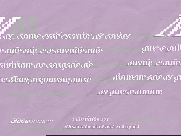Mas, como está escrito: As coisas que o olho não viu, e o ouvido não ouviu, e não subiram ao coração do homem são as que Deus preparou para os que o amam.