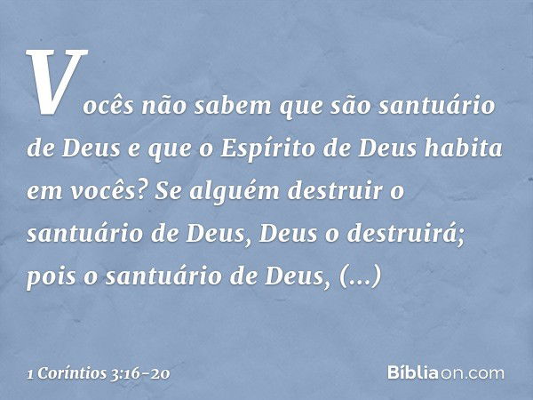 Vocês não sabem que são santuário de Deus e que o Espírito de Deus habita em vocês? Se alguém destruir o santuário de Deus, Deus o destruirá; pois o santuário d