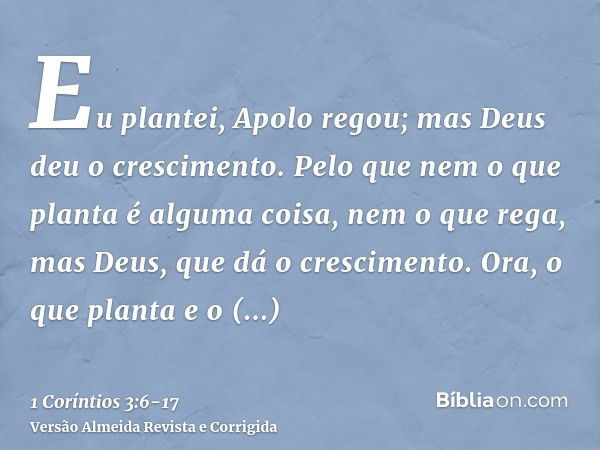 Eu plantei, Apolo regou; mas Deus deu o crescimento.Pelo que nem o que planta é alguma coisa, nem o que rega, mas Deus, que dá o crescimento.Ora, o que planta e