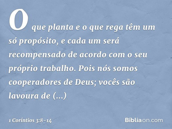 O que planta e o que rega têm um só propósito, e cada um será recompensado de acordo com o seu próprio trabalho. Pois nós somos cooperadores de Deus; vocês são 