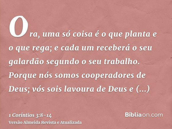 Ora, uma só coisa é o que planta e o que rega; e cada um receberá o seu galardão segundo o seu trabalho.Porque nós somos cooperadores de Deus; vós sois lavoura 