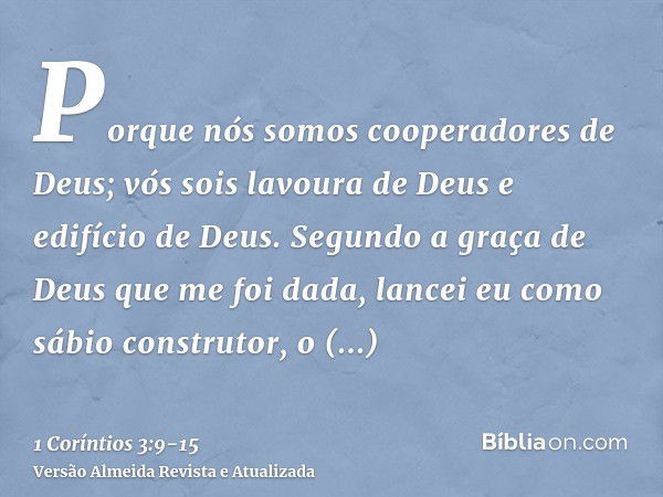 Porque nós somos cooperadores de Deus; vós sois lavoura de Deus e edifício de Deus.Segundo a graça de Deus que me foi dada, lancei eu como sábio construtor, o f