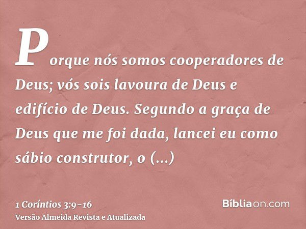 Porque nós somos cooperadores de Deus; vós sois lavoura de Deus e edifício de Deus.Segundo a graça de Deus que me foi dada, lancei eu como sábio construtor, o f