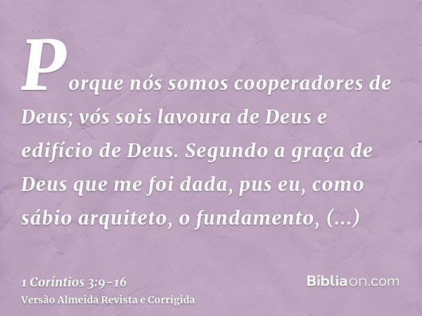 Porque nós somos cooperadores de Deus; vós sois lavoura de Deus e edifício de Deus.Segundo a graça de Deus que me foi dada, pus eu, como sábio arquiteto, o fund