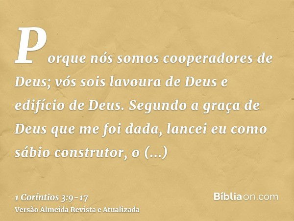 Porque nós somos cooperadores de Deus; vós sois lavoura de Deus e edifício de Deus.Segundo a graça de Deus que me foi dada, lancei eu como sábio construtor, o f