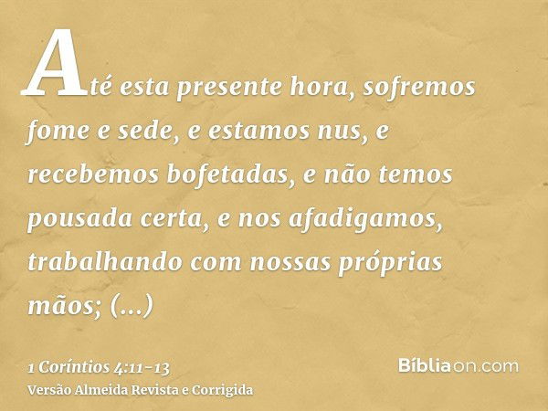 Até esta presente hora, sofremos fome e sede, e estamos nus, e recebemos bofetadas, e não temos pousada certa,e nos afadigamos, trabalhando com nossas próprias 