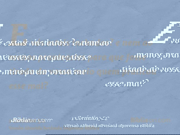 E vós estais inchados? e nem ao menos pranteastes para que fosse tirado do vosso meio quem praticou esse mal?