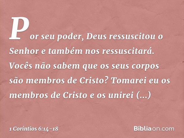 Por seu poder, Deus ressuscitou o Senhor e também nos ressuscitará. Vocês não sabem que os seus corpos são membros de Cristo? Tomarei eu os membros de Cristo e 