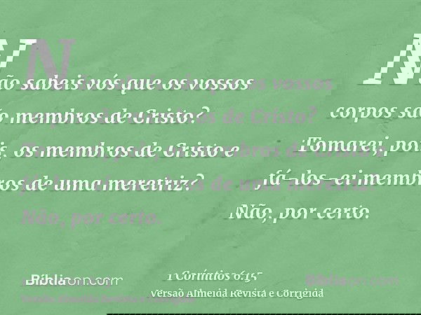 Não sabeis vós que os vossos corpos são membros de Cristo? Tomarei, pois, os membros de Cristo e fá-los-ei membros de uma meretriz? Não, por certo.