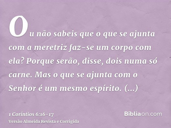 Ou não sabeis que o que se ajunta com a meretriz faz-se um corpo com ela? Porque serão, disse, dois numa só carne.Mas o que se ajunta com o Senhor é um mesmo es