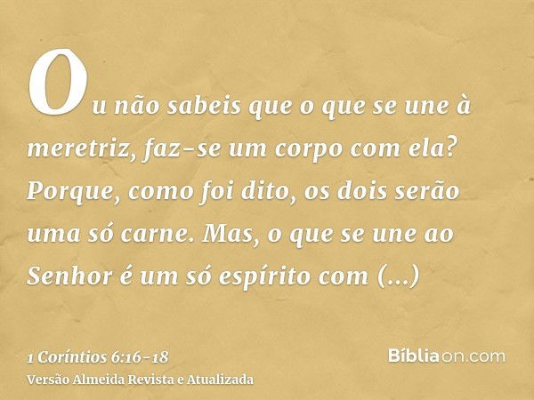 Ou não sabeis que o que se une à meretriz, faz-se um corpo com ela? Porque, como foi dito, os dois serão uma só carne.Mas, o que se une ao Senhor é um só espíri