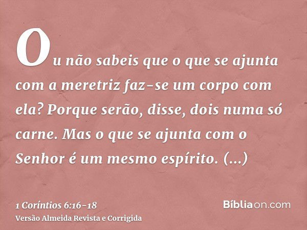 Ou não sabeis que o que se ajunta com a meretriz faz-se um corpo com ela? Porque serão, disse, dois numa só carne.Mas o que se ajunta com o Senhor é um mesmo es