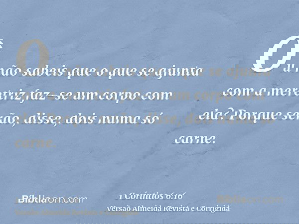 Ou não sabeis que o que se ajunta com a meretriz faz-se um corpo com ela? Porque serão, disse, dois numa só carne.
