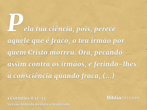 Pela tua ciência, pois, perece aquele que é fraco, o teu irmão por quem Cristo morreu.Ora, pecando assim contra os irmãos, e ferindo-lhes a consciência quando f