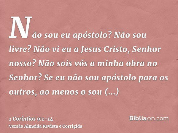 Não sou eu apóstolo? Não sou livre? Não vi eu a Jesus Cristo, Senhor nosso? Não sois vós a minha obra no Senhor?Se eu não sou apóstolo para os outros, ao menos 