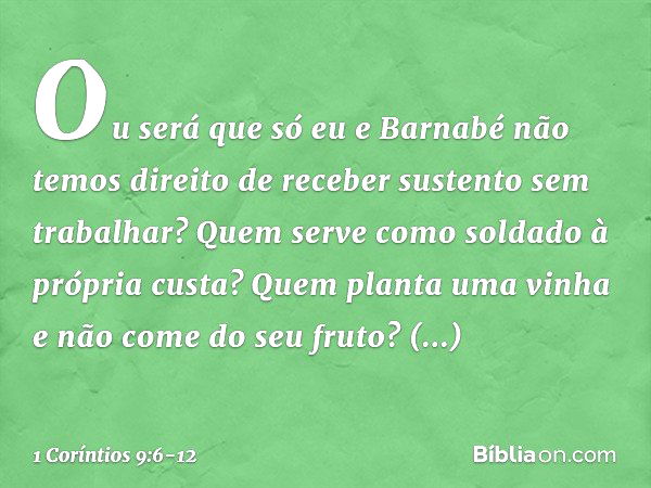 Ou será que só eu e Barnabé não temos direito de receber sustento sem trabalhar? Quem serve como soldado à própria custa? Quem planta uma vinha e não come do se