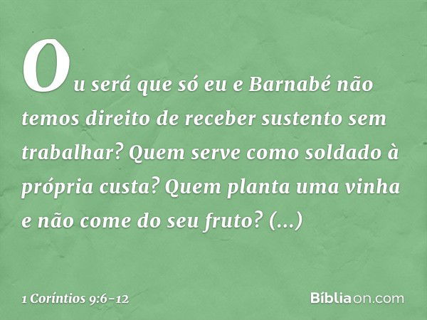 Ou será que só eu e Barnabé não temos direito de receber sustento sem trabalhar? Quem serve como soldado à própria custa? Quem planta uma vinha e não come do se