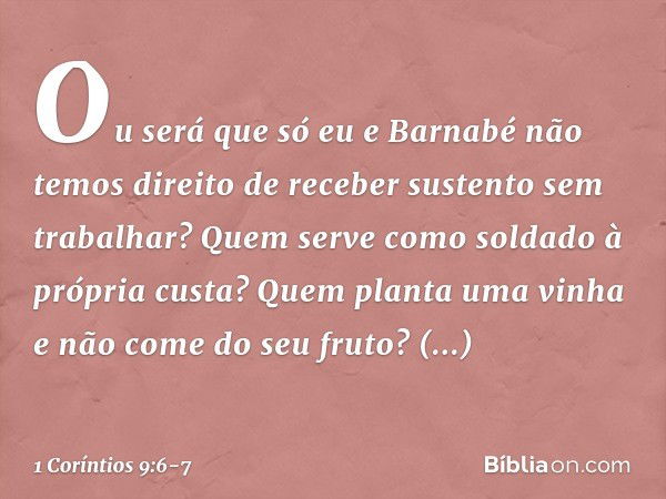 Ou será que só eu e Barnabé não temos direito de receber sustento sem trabalhar? Quem serve como soldado à própria custa? Quem planta uma vinha e não come do se