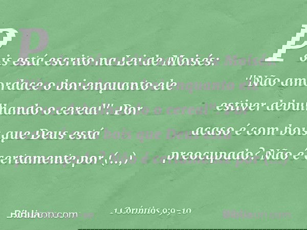 Pois está escrito na Lei de Moisés: "Não amordace o boi enquanto ele estiver debulhando o cereal". Por acaso é com bois que Deus está preocupado? Não é certamen