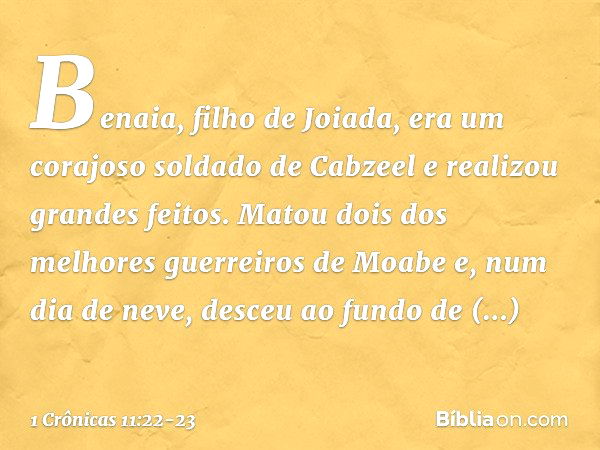 Benaia, filho de Joiada, era um corajoso soldado de Cabzeel e realizou grandes feitos. Matou dois dos melhores guerreiros de Moabe e, num dia de neve, desceu ao