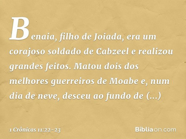 Benaia, filho de Joiada, era um corajoso soldado de Cabzeel e realizou grandes feitos. Matou dois dos melhores guerreiros de Moabe e, num dia de neve, desceu ao