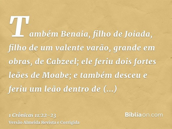 Também Benaia, filho de Joiada, filho de um valente varão, grande em obras, de Cabzeel; ele feriu dois fortes leões de Moabe; e também desceu e feriu um leão de