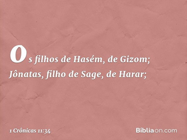 os filhos de Hasém, de Gizom;
Jônatas, filho de Sage, de Harar; -- 1 Crônicas 11:34