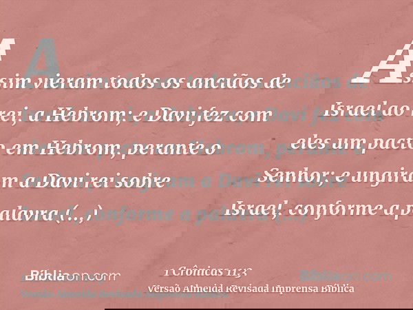 Assim vieram todos os anciãos de Israel ao rei, a Hebrom; e Davi fez com eles um pacto em Hebrom, perante o Senhor; e ungiram a Davi rei sobre Israel, conforme