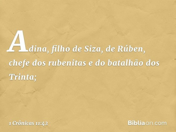 Adina, filho de Siza, de Rúben,
chefe dos rubenitas
e do batalhão dos Trinta; -- 1 Crônicas 11:42