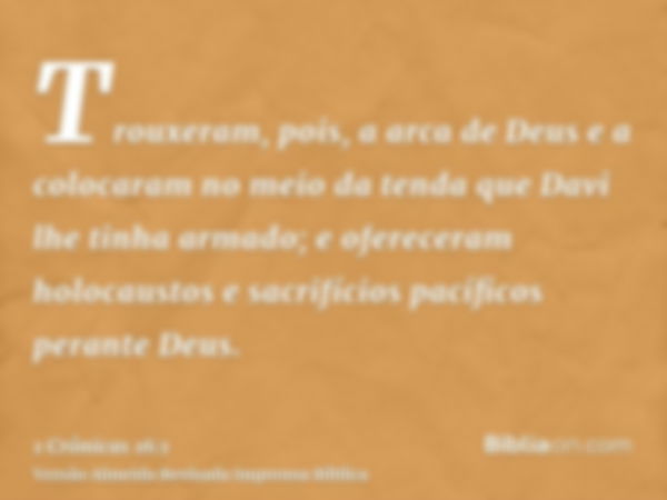 Trouxeram, pois, a arca de Deus e a colocaram no meio da tenda que Davi lhe tinha armado; e ofereceram holocaustos e sacrifícios pacíficos perante Deus.