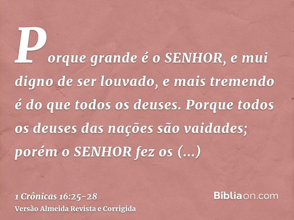 Porque grande é o SENHOR, e mui digno de ser louvado, e mais tremendo é do que todos os deuses.Porque todos os deuses das nações são vaidades; porém o SENHOR fe