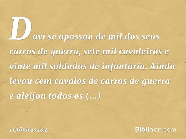 Davi se apossou de mil dos seus carros de guerra, sete mil cavaleiros e vinte mil soldados de infantaria. Ainda levou cem cavalos de carros de guerra e aleijou 