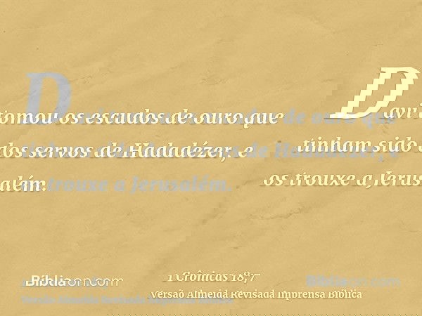 Davi tomou os escudos de ouro que tinham sido dos servos de Hadadézer, e os trouxe a Jerusalém.