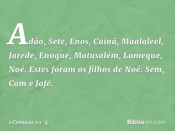 Adão, Sete, Enos, Cainã, Maalaleel, Jarede, Enoque, Matusalém, Lameque, Noé. Estes foram os filhos de Noé:
Sem, Cam e Jafé. -- 1 Crônicas 1:1-4