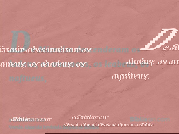 De Mizraim descenderam os ludeus, os anameus, os leabeus, os naftueus,