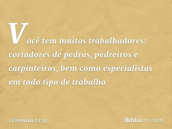 Você tem muitos trabalhadores: cortadores de pedras, pedreiros e carpinteiros, bem como especialistas em todo tipo de trabalho -- 1 Crônicas 22:15