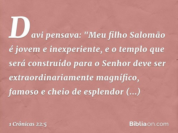 Davi pensava: "Meu filho Salomão é jovem e inexperiente, e o templo que será construído para o Senhor deve ser extraordinariamente magnífico, famoso e cheio de 