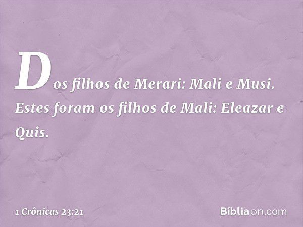 Dos filhos de Merari:
Mali e Musi.
Estes foram os filhos de Mali:
Eleazar e Quis. -- 1 Crônicas 23:21