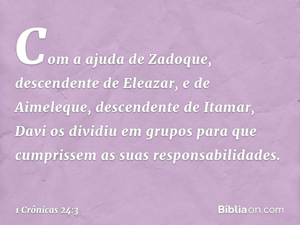 Com a ajuda de Zadoque, descendente de Eleazar, e de Aimeleque, descendente de Itamar, Davi os dividiu em grupos para que cumprissem as suas responsabilidades. 