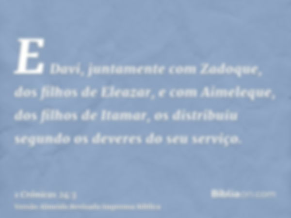 E Davi, juntamente com Zadoque, dos filhos de Eleazar, e com Aimeleque, dos filhos de Itamar, os distribuiu segundo os deveres do seu serviço.