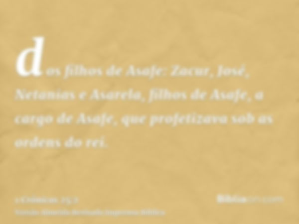 dos filhos de Asafe: Zacur, José, Netanias e Asarela, filhos de Asafe, a cargo de Asafe, que profetizava sob as ordens do rei.