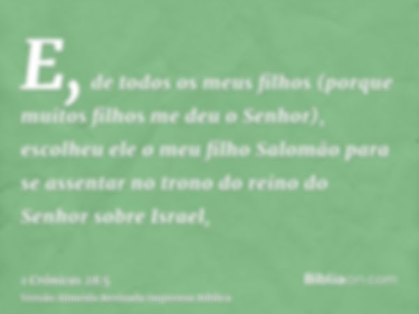 E, de todos os meus filhos (porque muitos filhos me deu o Senhor), escolheu ele o meu filho Salomão para se assentar no trono do reino do Senhor sobre Israel,