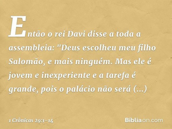 Então o rei Davi disse a toda a assembleia: "Deus escolheu meu filho Salomão, e mais ninguém. Mas ele é jovem e inexperiente e a tarefa é grande, pois o palácio