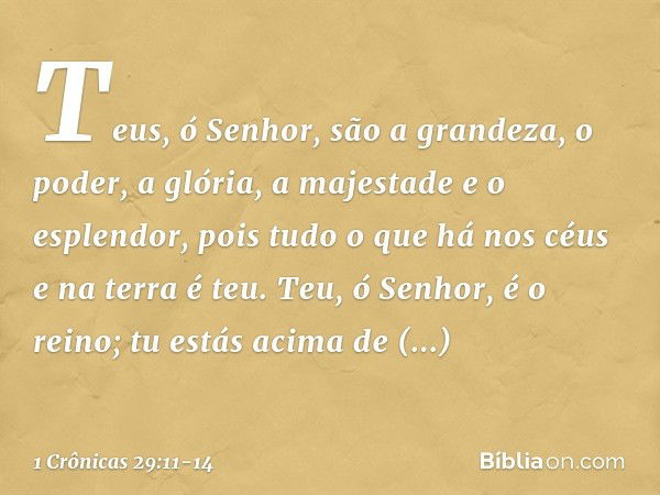 Teus, ó Senhor,
são a grandeza, o poder,
a glória, a majestade e o esplendor,
pois tudo o que há
nos céus e na terra é teu.
Teu, ó Senhor, é o reino;
tu estás a