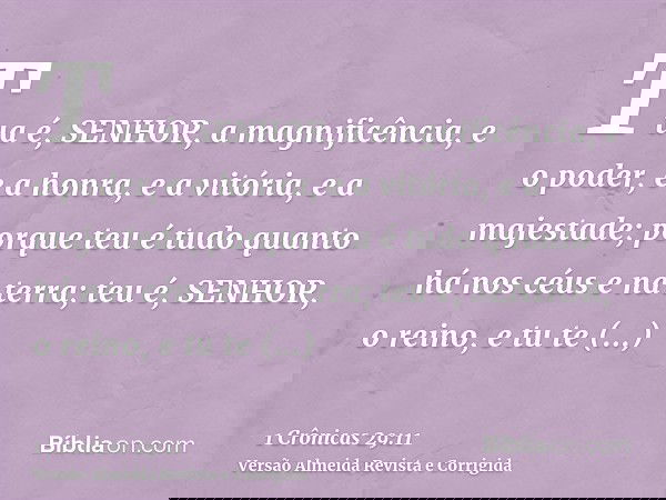Tua é, SENHOR, a magnificência, e o poder, e a honra, e a vitória, e a majestade; porque teu é tudo quanto há nos céus e na terra; teu é, SENHOR, o reino, e tu 