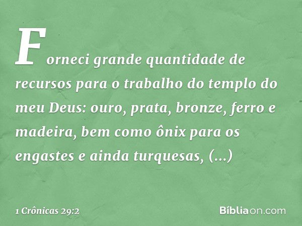 Forneci grande quantidade de recursos para o trabalho do templo do meu Deus: ouro, prata, bronze, ferro e madeira, bem como ônix para os engastes e ainda turque